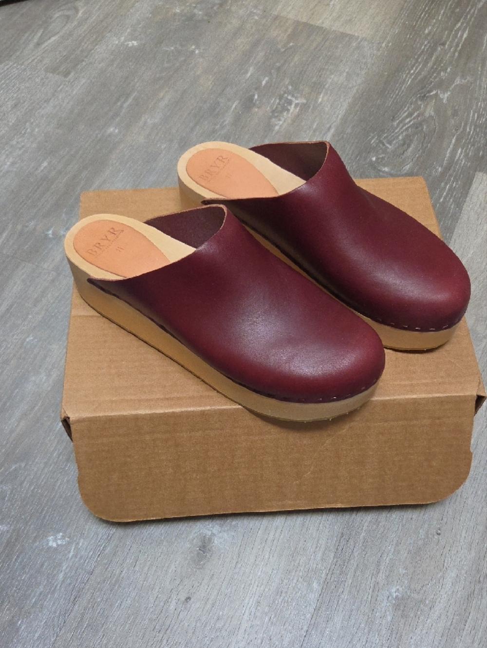 BRYR Burgundy Bean Slip-On Leather Clogs. Light Wood Platform. Worn Once. Sz 11 - Picture 3 of 5